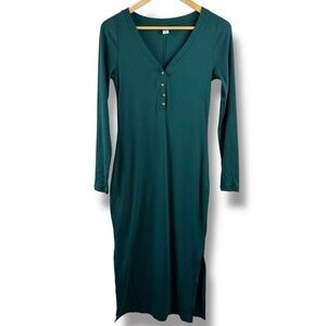 Old Navy Size M Long Sleeve Ribbed Henley Midi Dress Emerald Green V-Neck Fitted